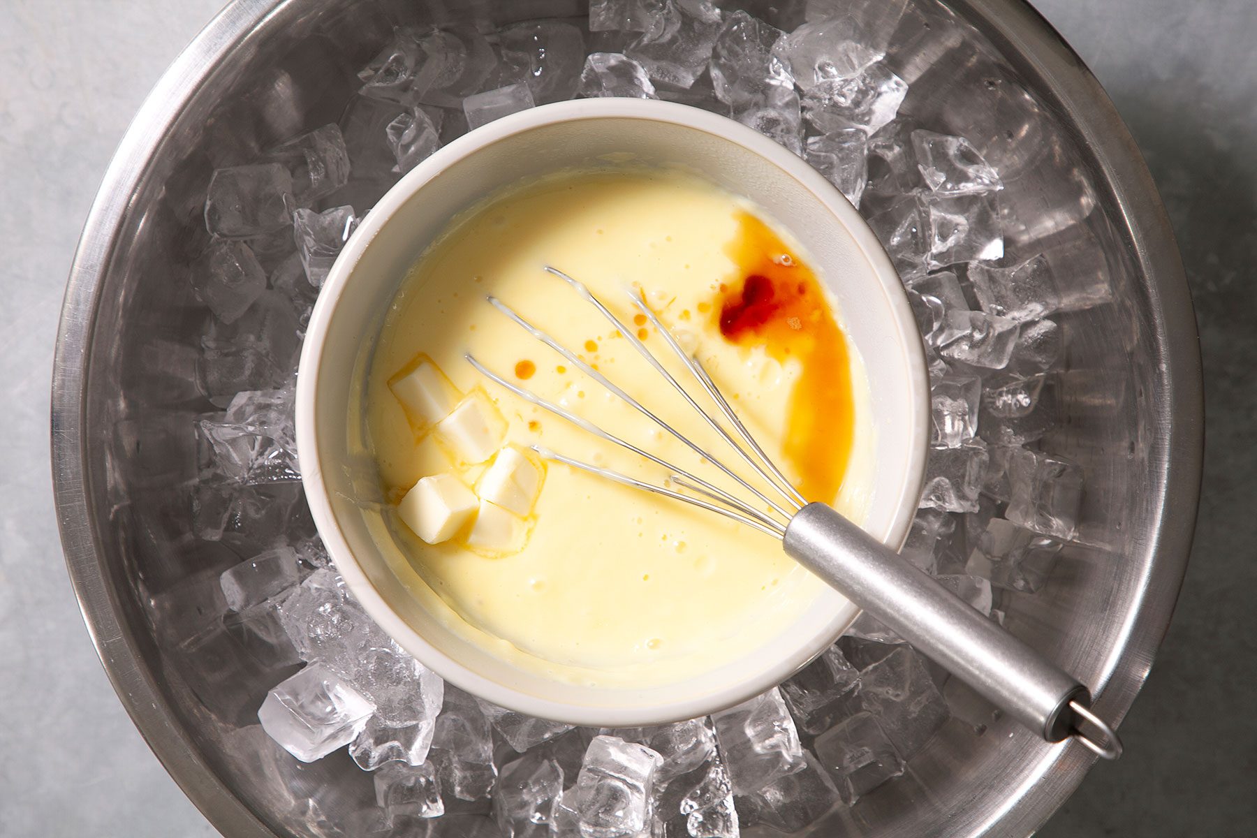 bowl of cream resting on large bowl of ice
