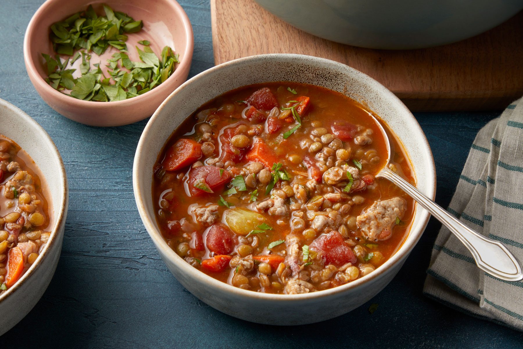 Ham And Lentil Soup served in a dutch oven