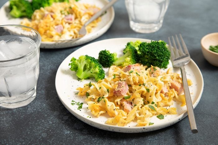 Ham And Noodle Casserole served on plate with fork