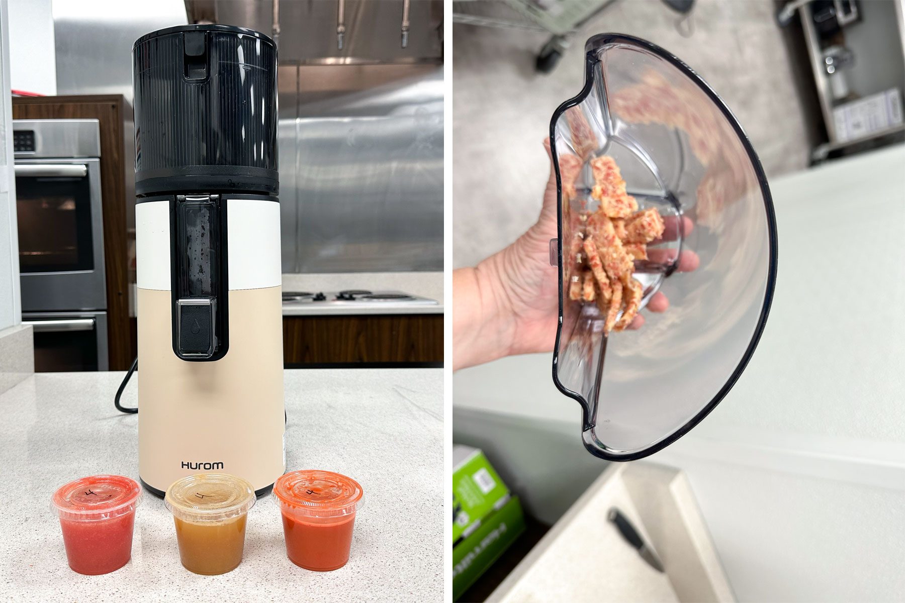 Hurom Easy Clean Slow Juicer and holding a container with apples