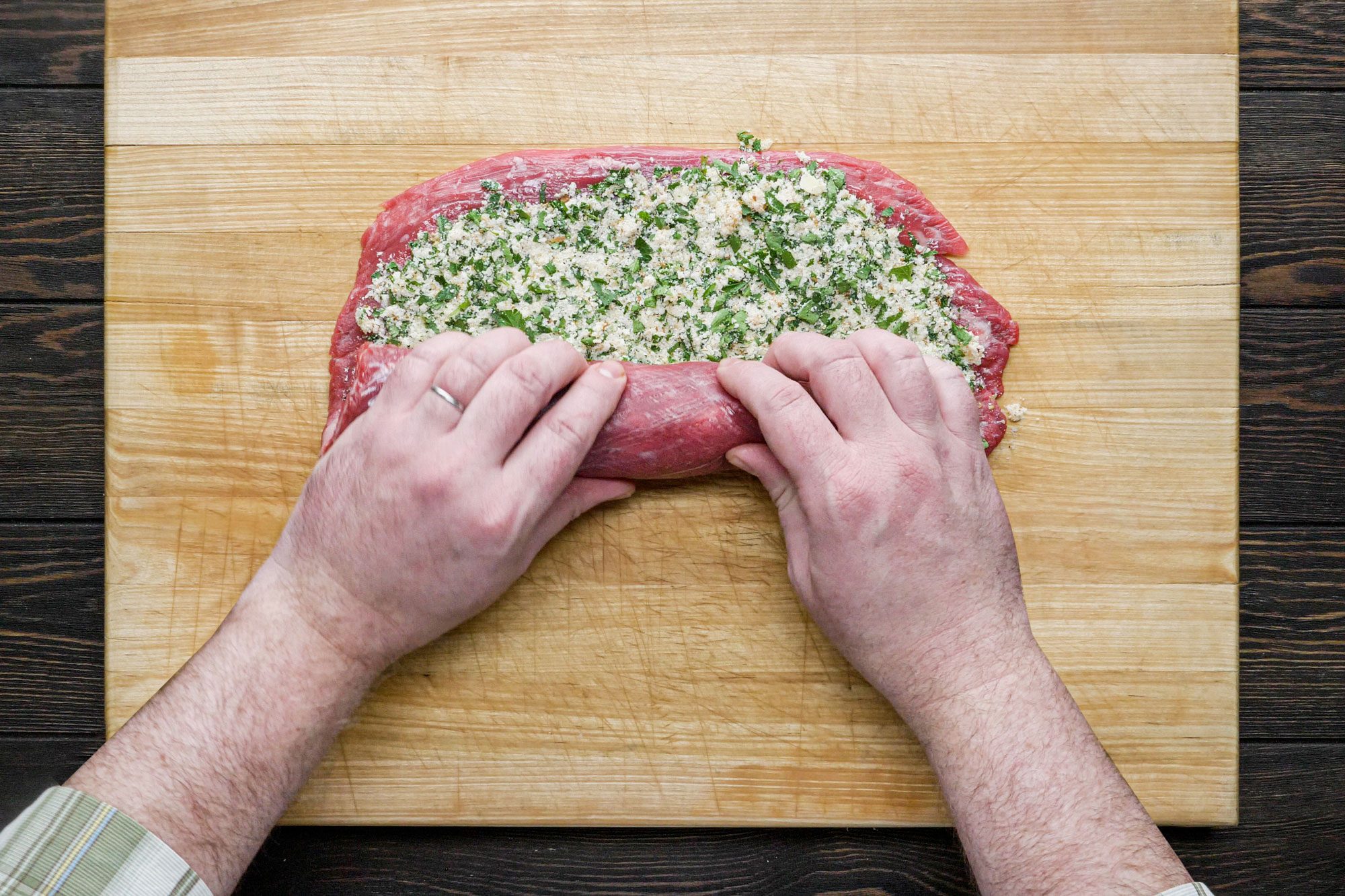 Roll the steak up jelly-roll style