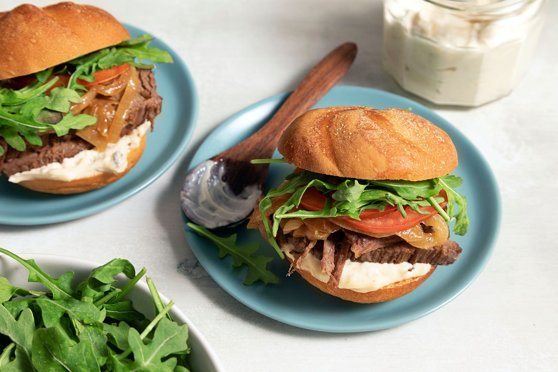 Brisket Sliders served on blue plate 