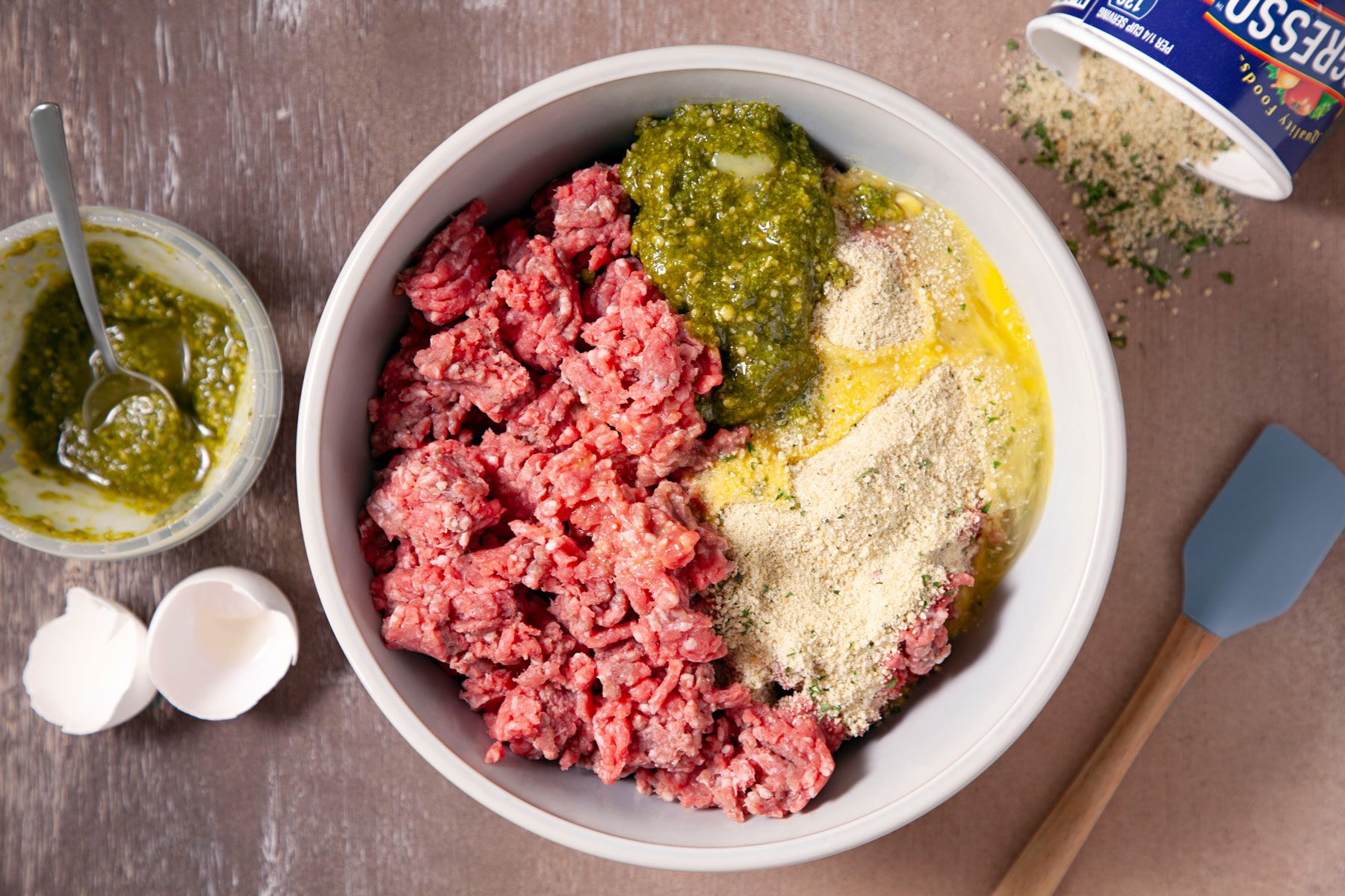 Beef Bread crums eggs combined together in a large bowl