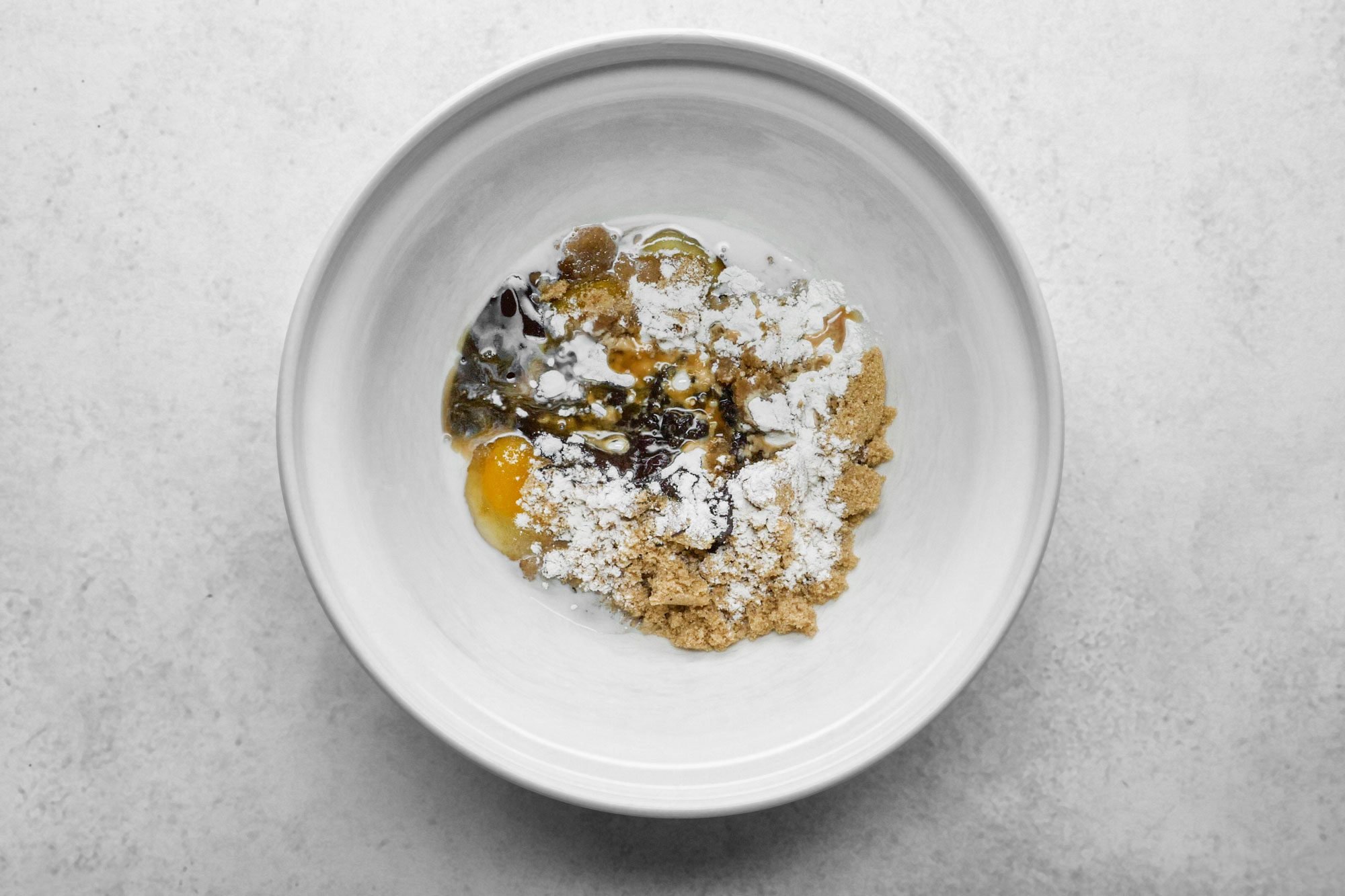 Whisk eggs, sugars, melted chocolate, milk, flour and vanilla in a large bowl together