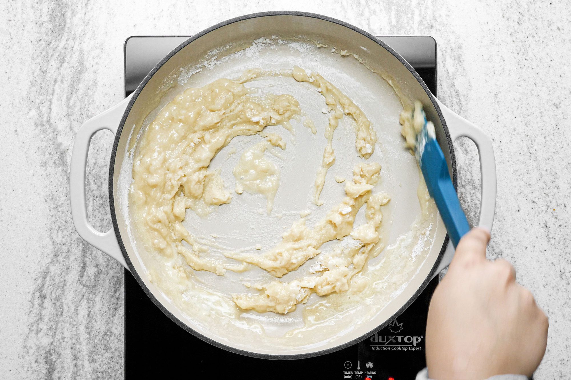 Mix the flour and butter in a heavy skillet