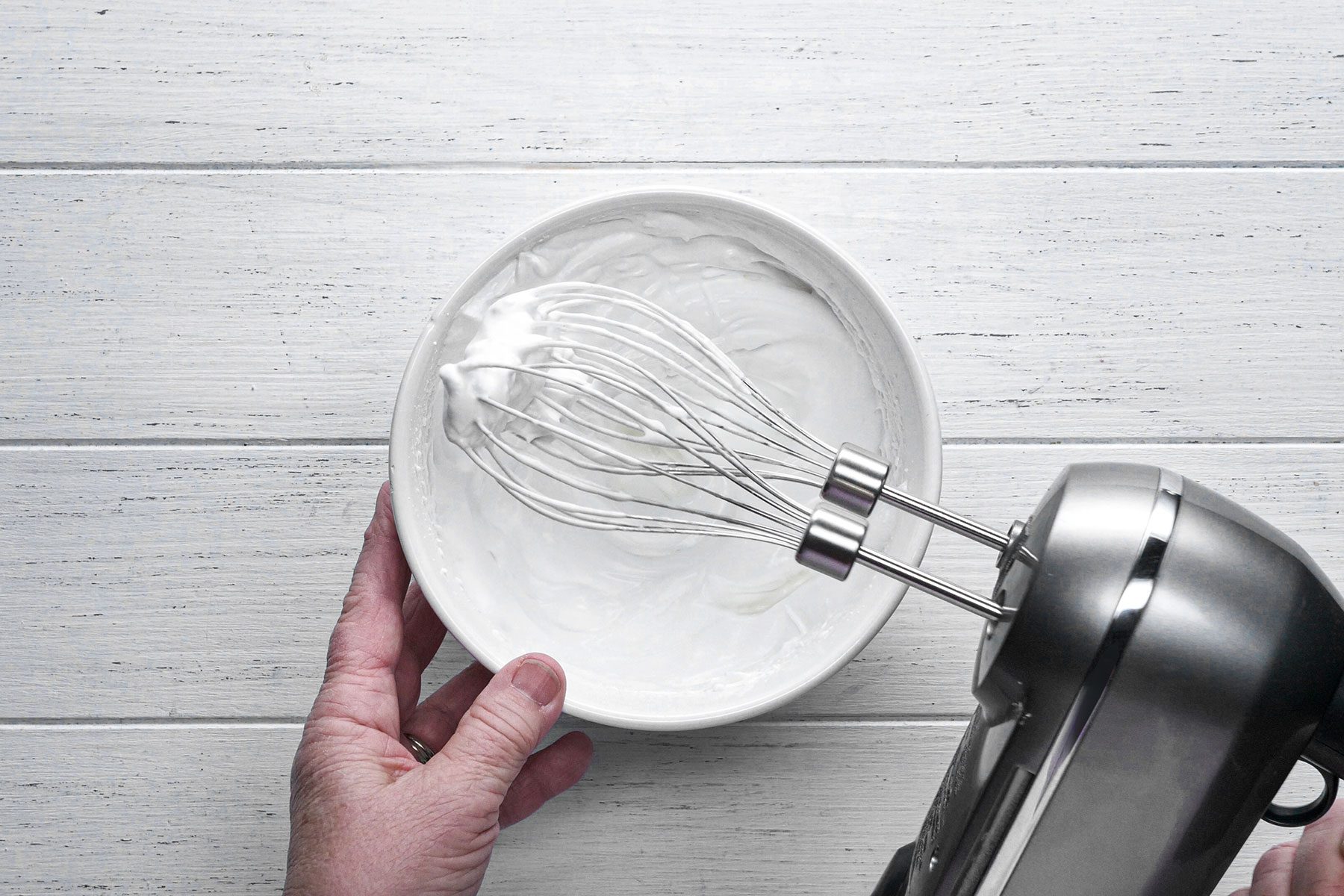 Beaten egg whites in small bowl