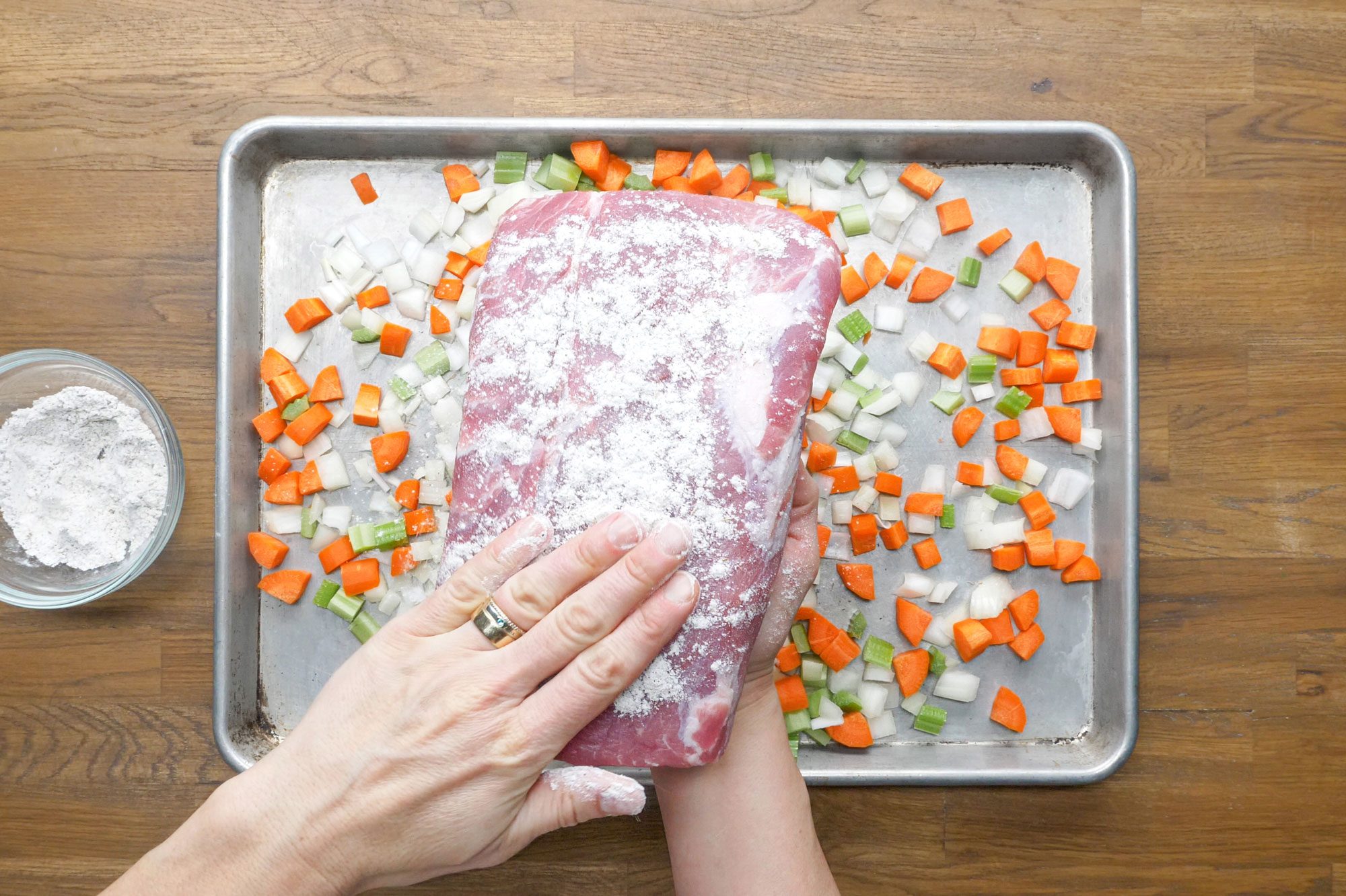 Rub the seasoned flour mixture over the roast