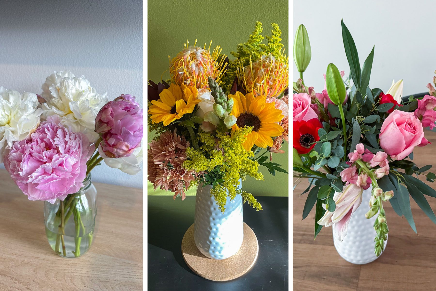 Flowers in vases side by side
