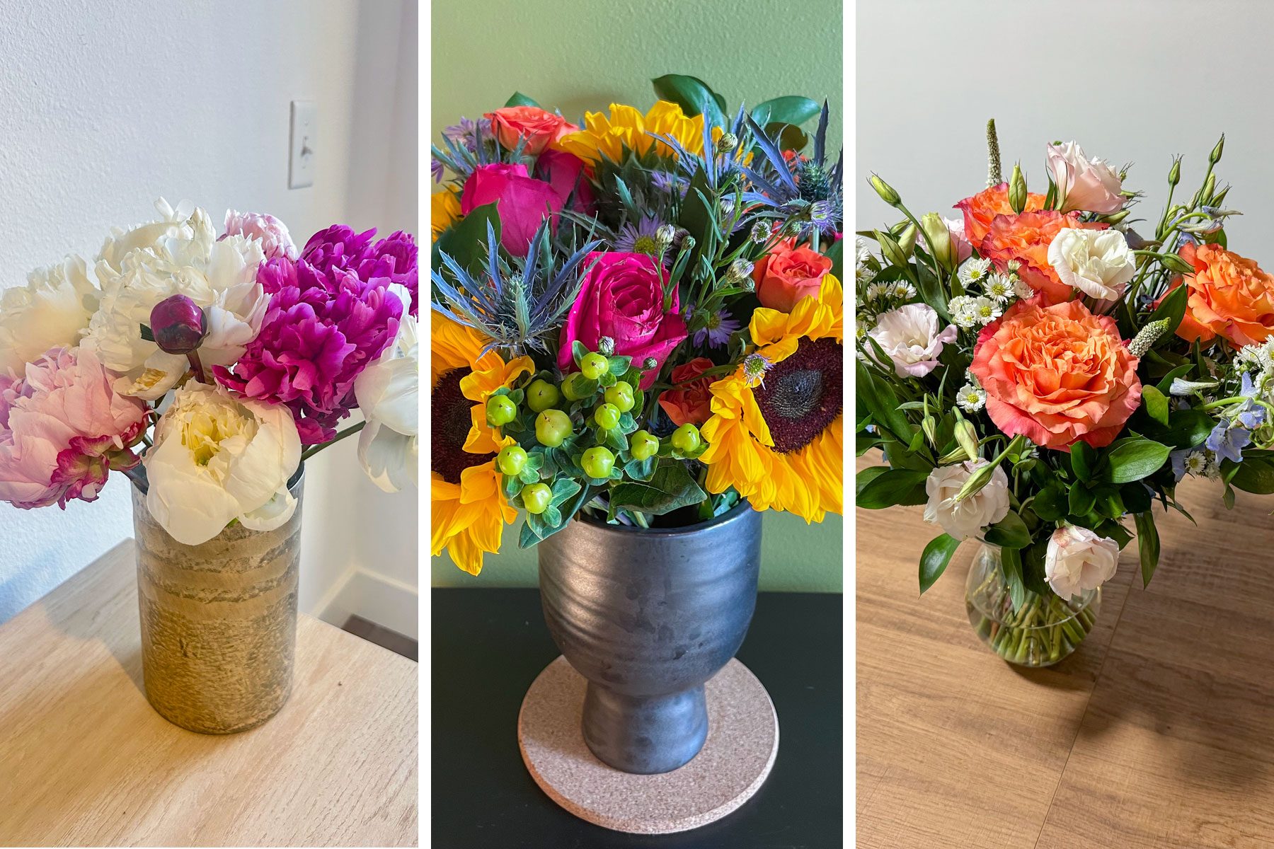 3 flowers vases arranged side by side