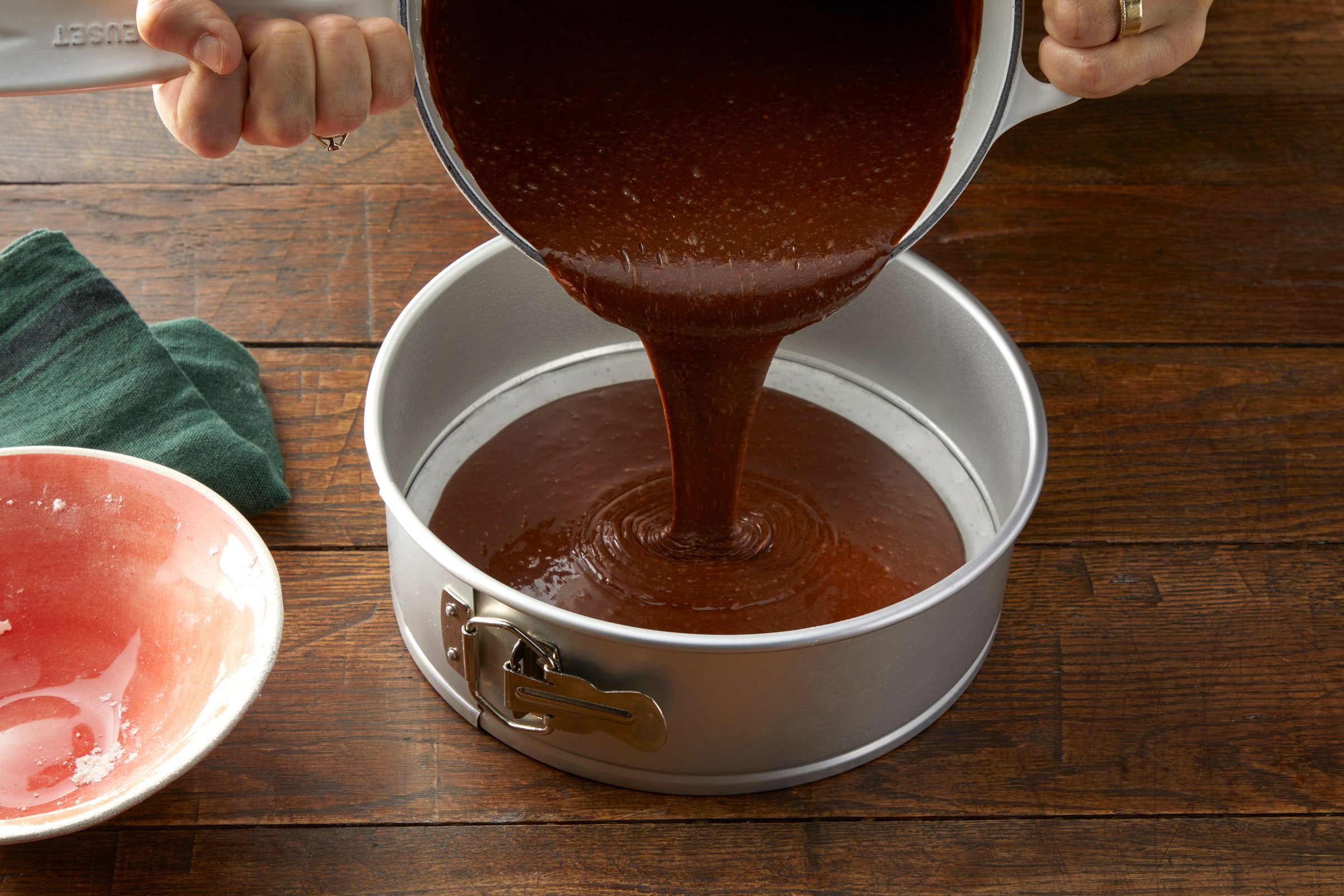 pour cake batter into pan