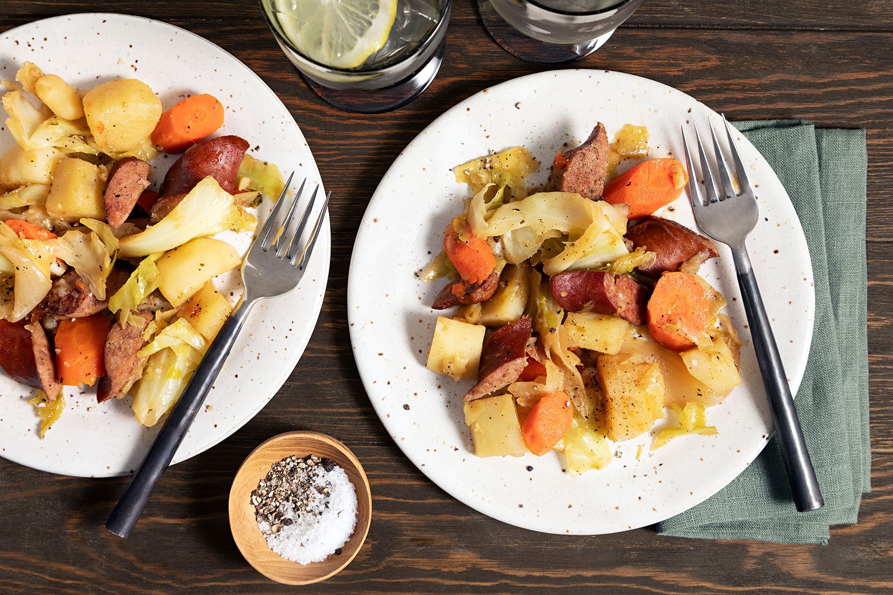 Sausage, Cabbage And Potatoes served on plate with fork