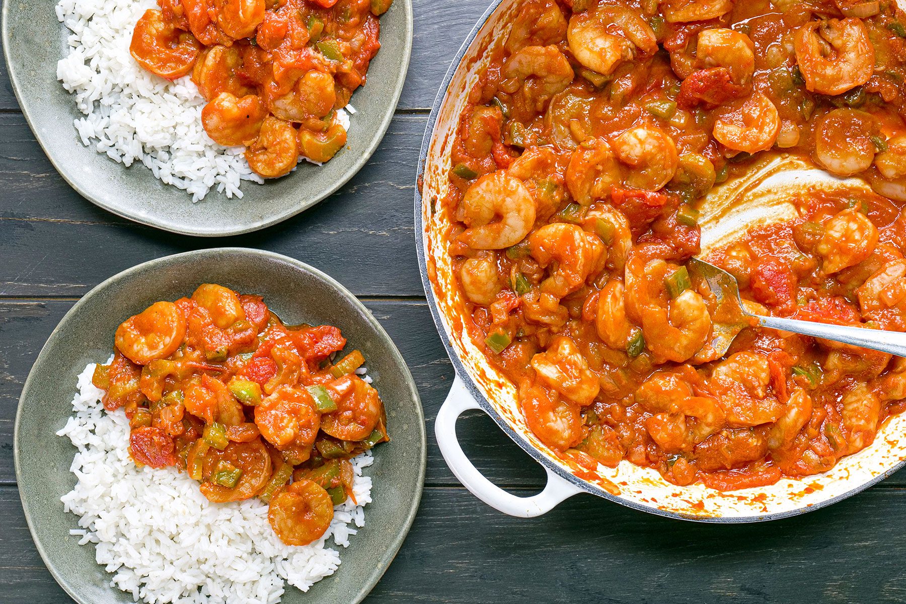 Shrimp Creole served with rice on plates