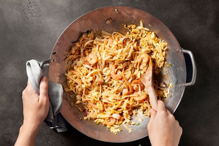 Add shrimp to the pan with the veggies and cook until heated through