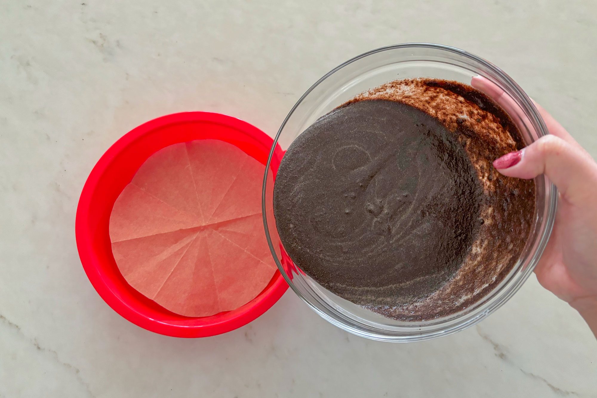 Cut the parchment paper for the mold then pour the batter and microwave it for 6 minutes