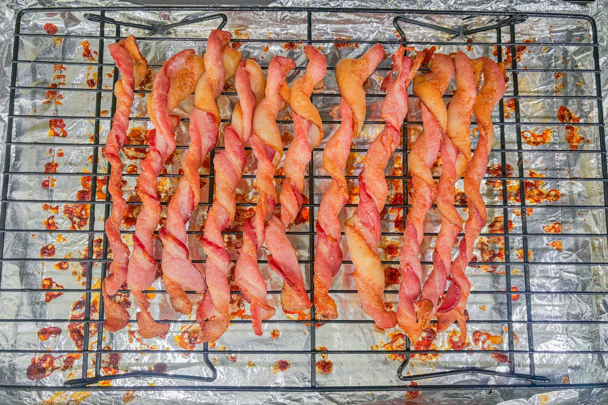 Twisted Bacon on baking rack, ready to be cooked