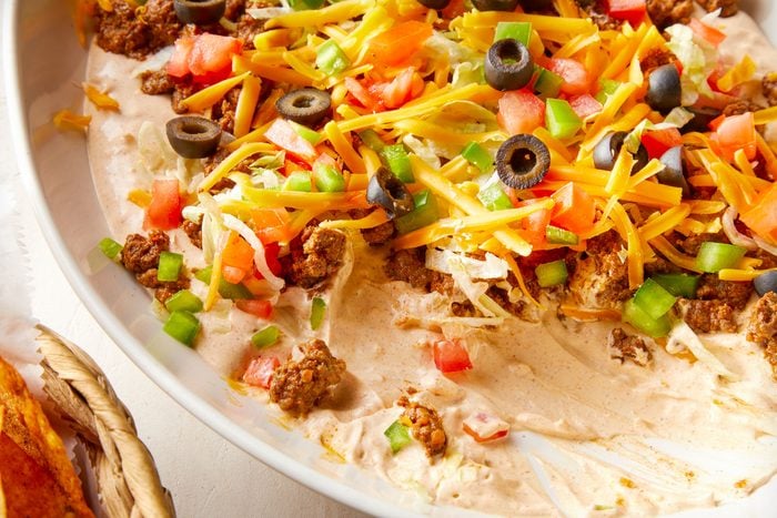 close shot of ground beef taco dip