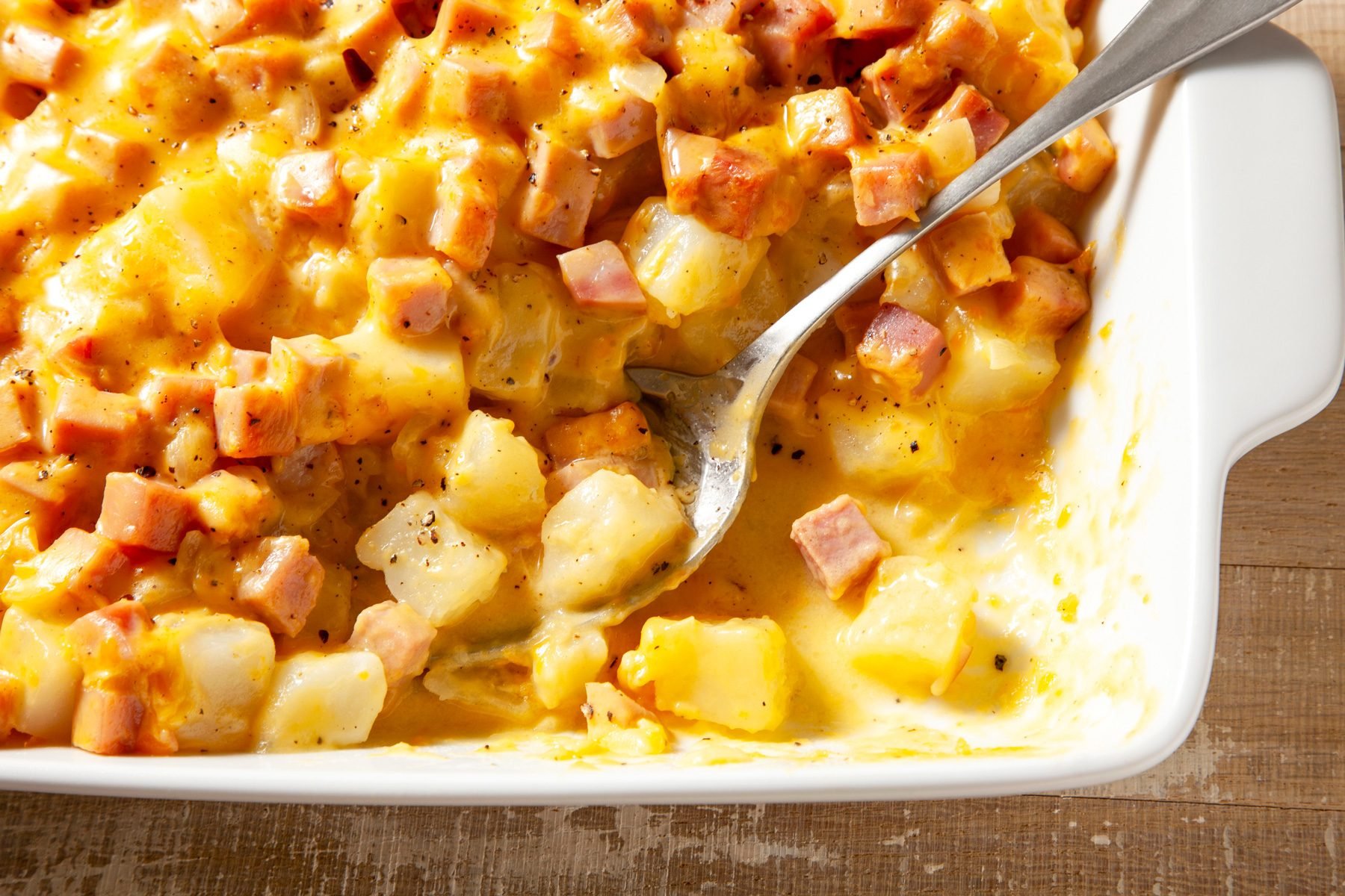 Close Shot Of Ham And Potato In A Baking Dish