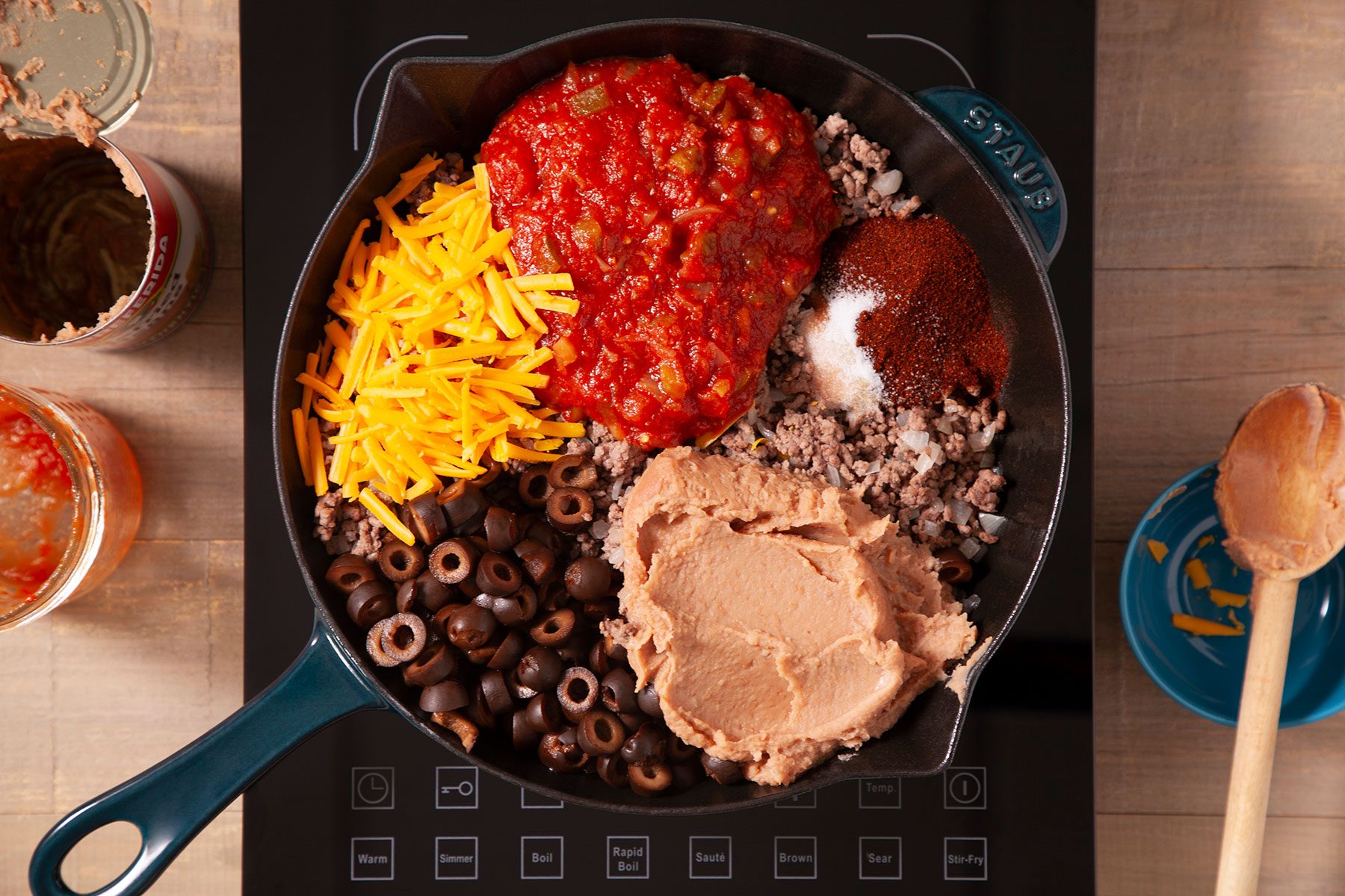 Cooking Ingredients for Air Fryer Nachos in Large Skillet