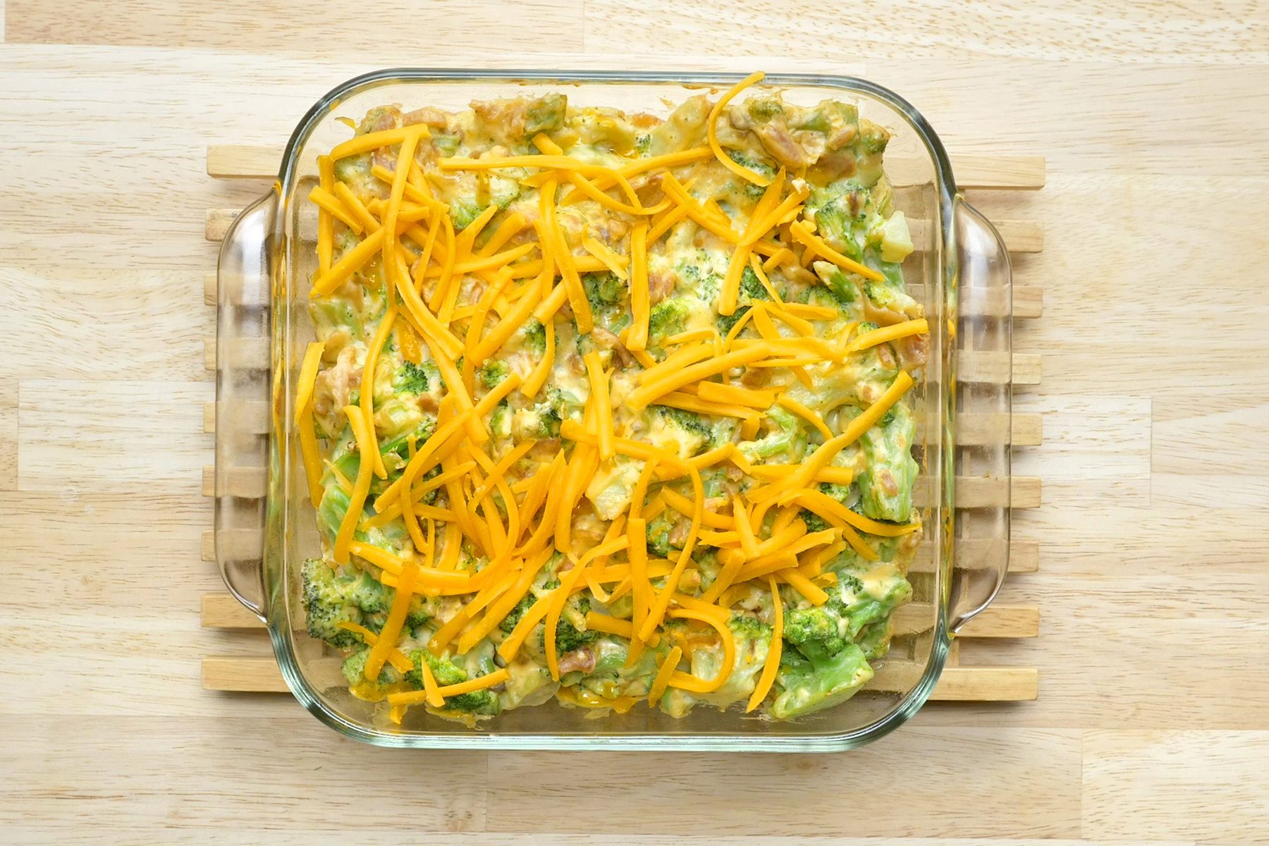 Cheesy Cheddar Broccoli Casserole in a Glass Dish
