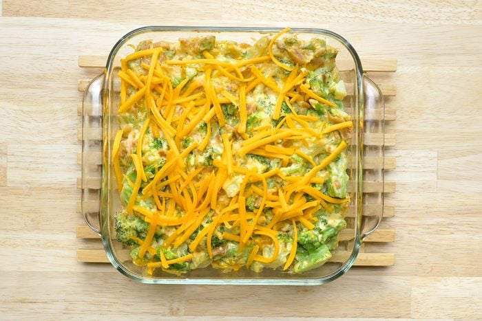 Cheesy Cheddar Broccoli Casserole in a Glass Dish