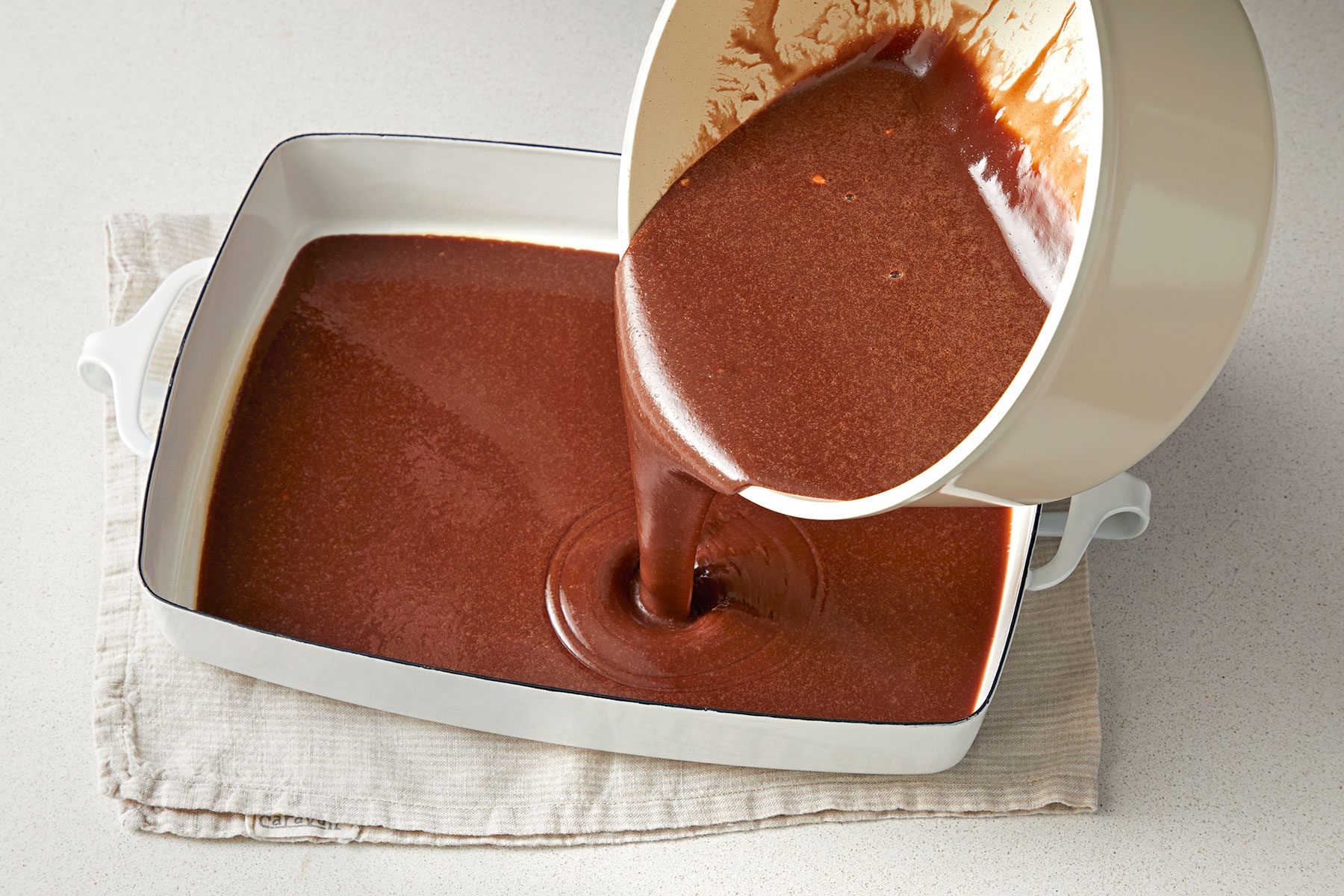 overhead shot of prepared mixture transferred to the baking dish