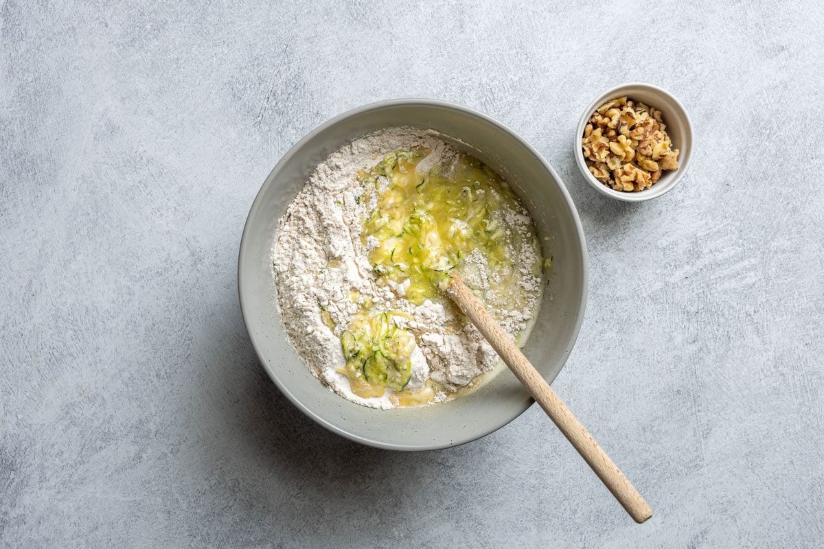 Mixing The Ingrdients In Bowl, Making Batter For The Zucchini Cake