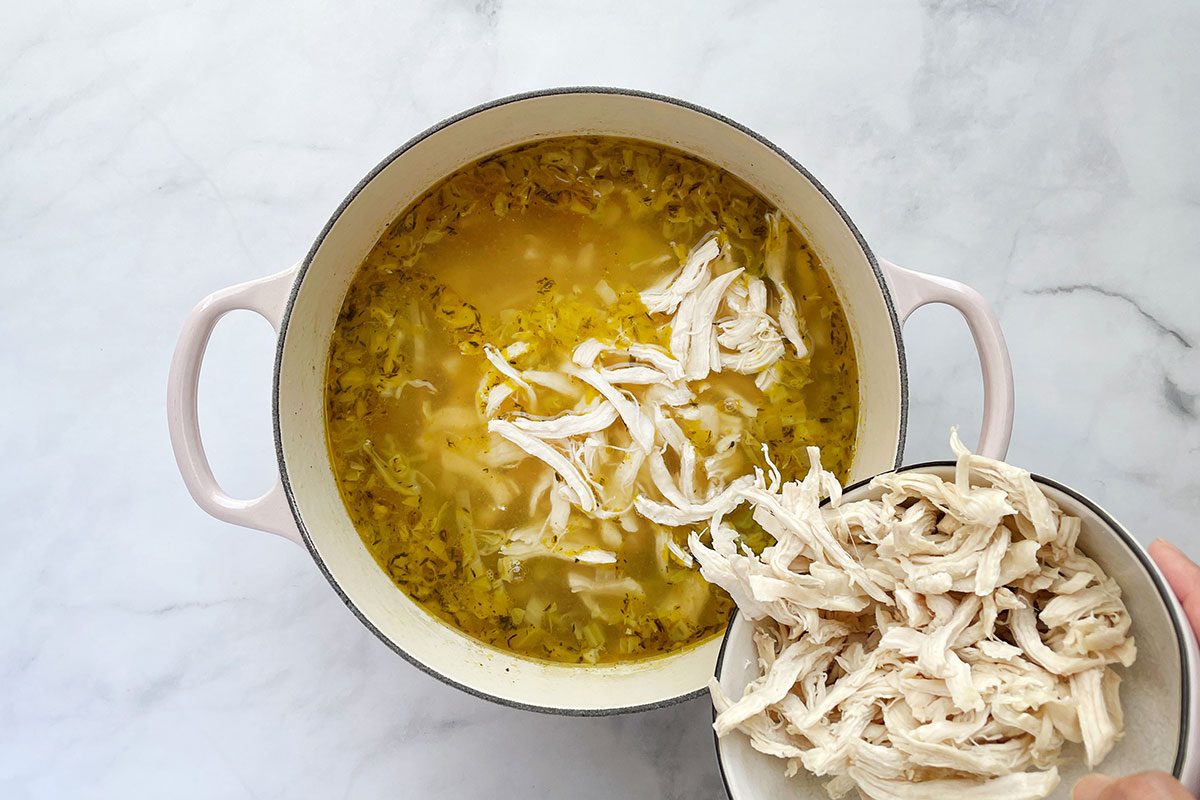 Step 3 for cooking Taste of Home's Chicken Cabbage Soup is adding shredded chicken