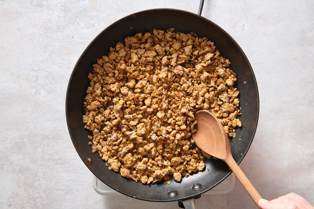 Browning turkey mince in a skillet