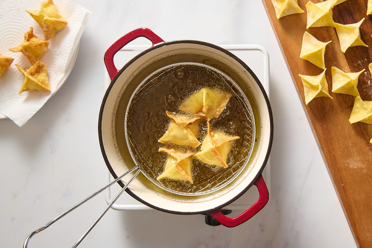 Deep frying the shrimp rangoon