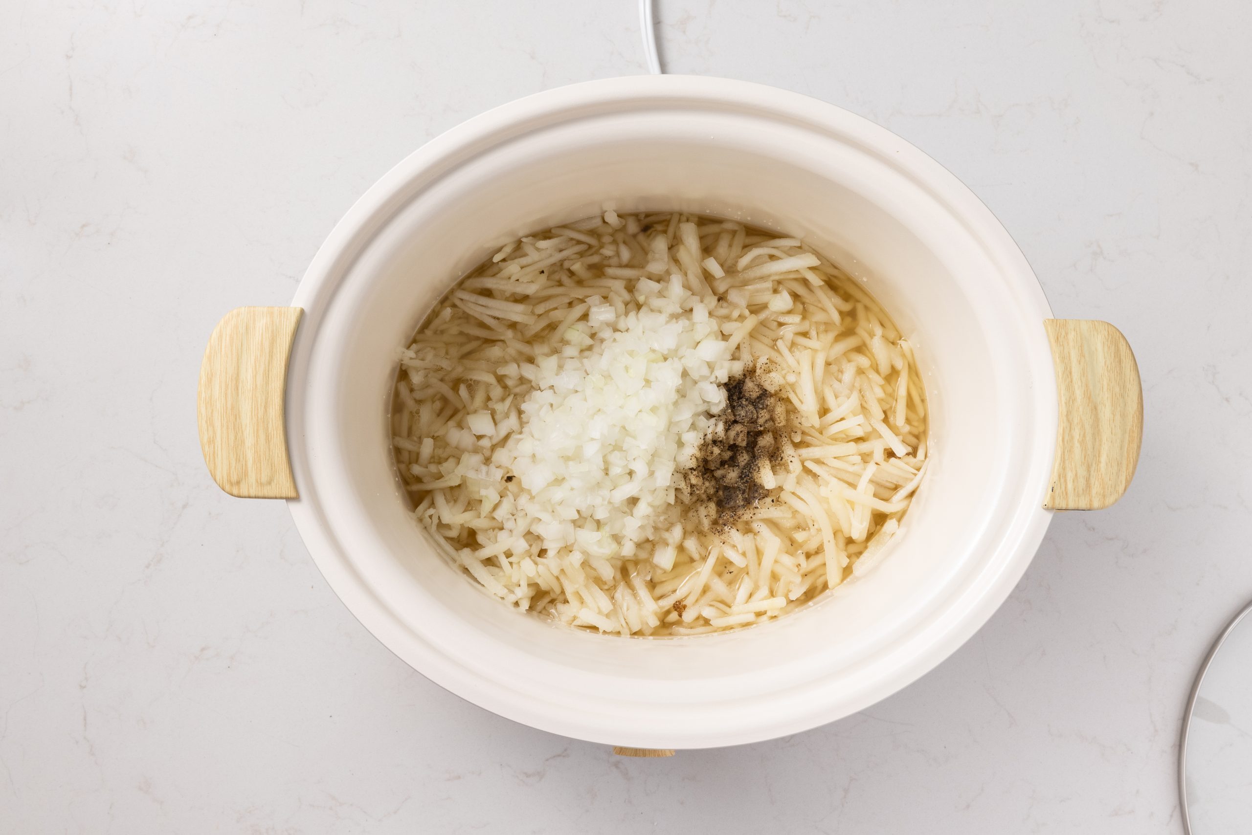 Ingredients for soup in slow cooker.