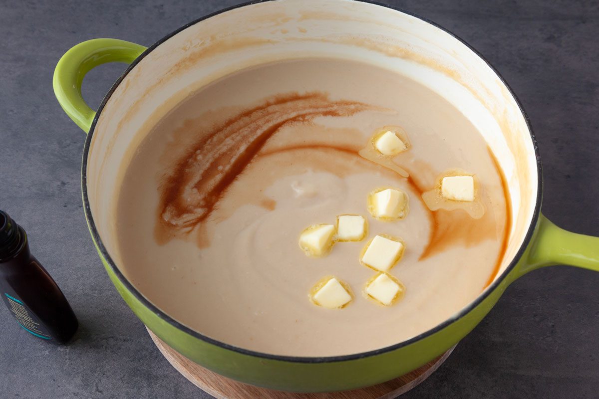 Step 2 of Taste of Home Caramel Pudding is removing pan from heat and stirring in the vanilla and butter
