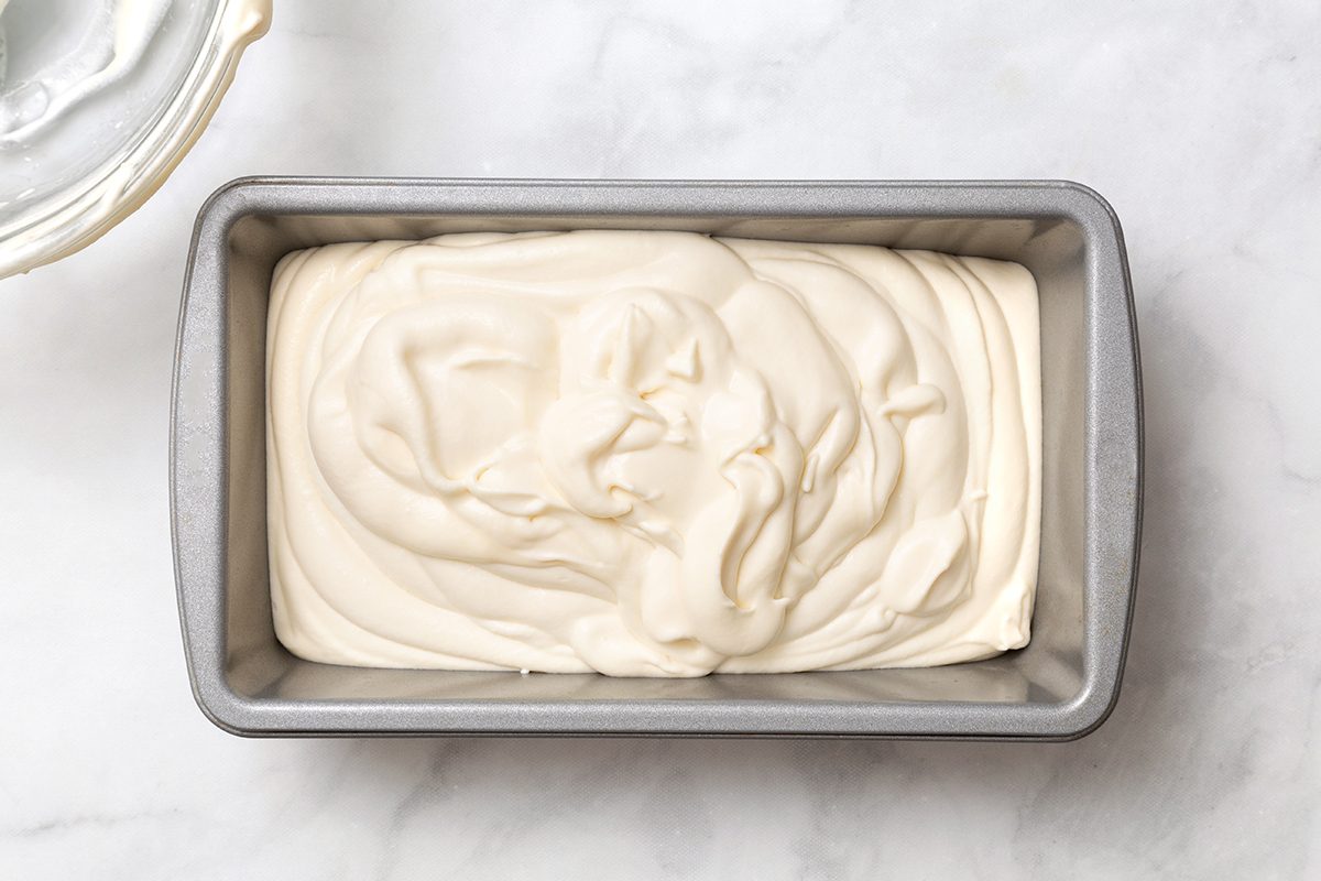 3-ingredient ice cream in loaf pan for step 3 in 3-Ingredient Ice Cream Recipe