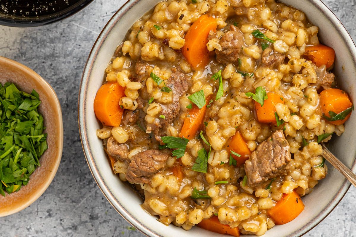 Taste of Home Beef Barley Stew recipe photo of the finished stew served into bowls.
