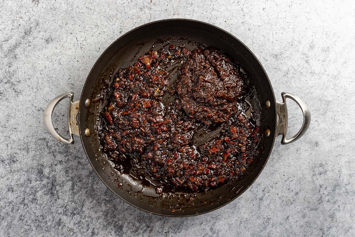 Taste of Home Bourbon Bacon Jam recipe photo of half of the bacon jam pureed.