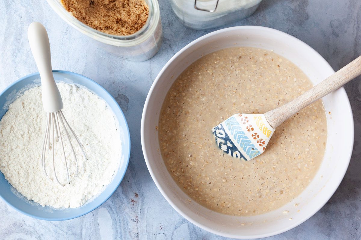 Step 1 of Taste of Home Buttermilk Muffins is to soak the oats in buttermilk they’re soft, stir in the beaten egg, sugar and oil. In a separate bowl, combine the flour, baking powder, baking soda and salt, then add these dry ingredients to the oat mix
