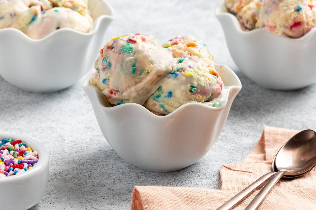 Taste of Home Cake Batter Ice Cream recipe photo of the ice cream scooped into bowls.