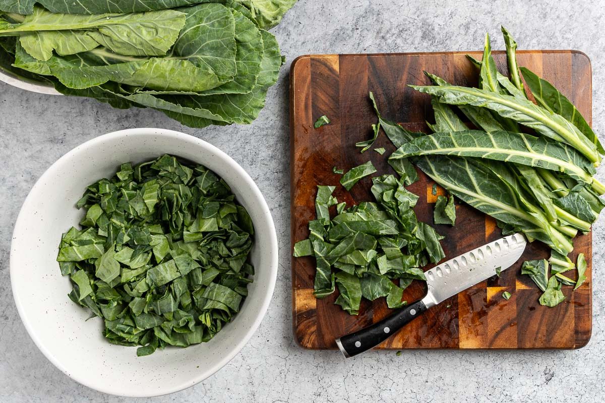 Taste of Home Collared Greens with Bacon recipe photo of chopping the collard greens.