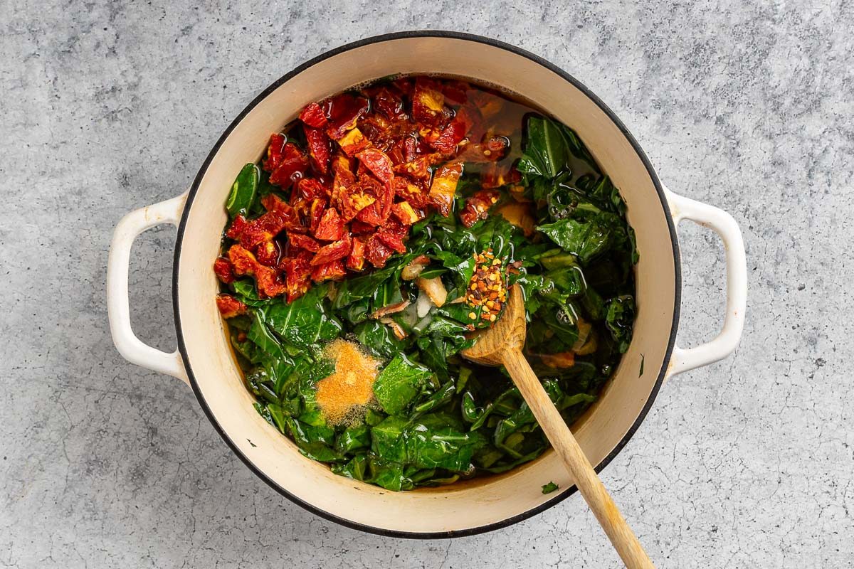 Taste of Home Collared Greens with Bacon recipe photo of the remaining ingredients added to the pot.