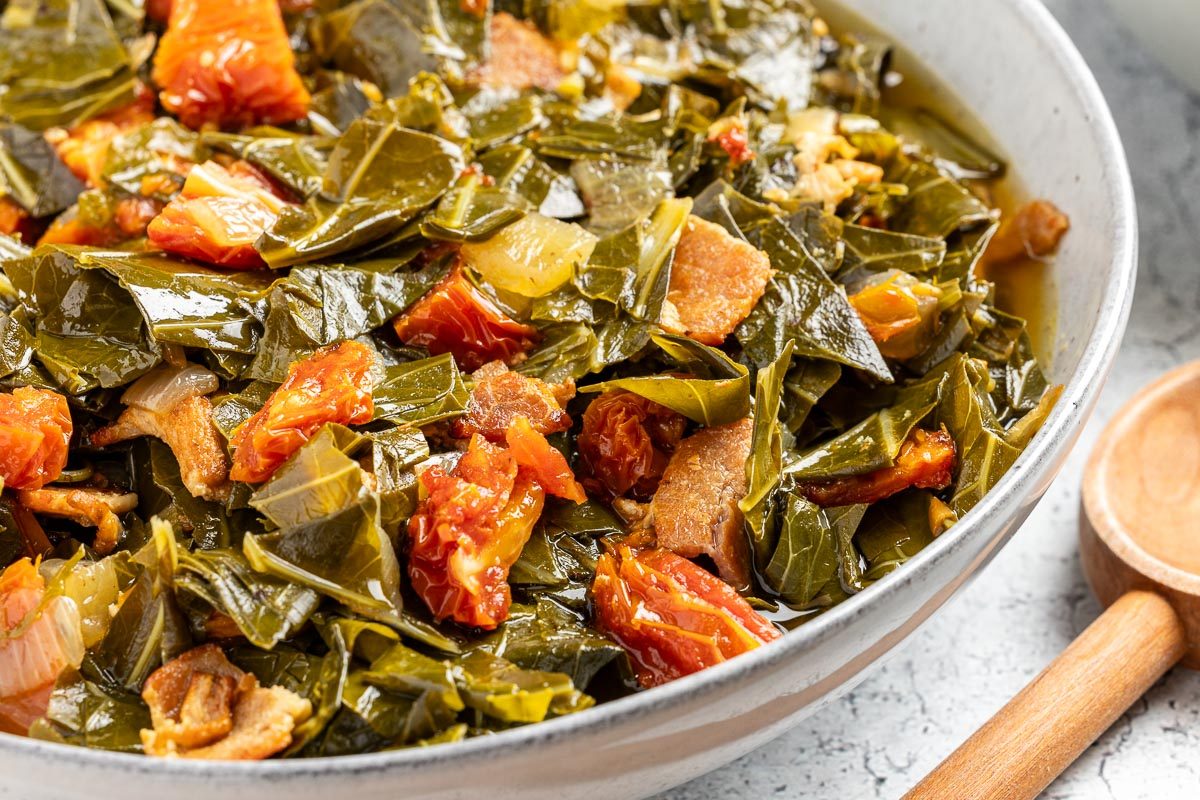 Taste of Home Collared Greens with Bacon recipe photo of the finished recipe served into bowls.