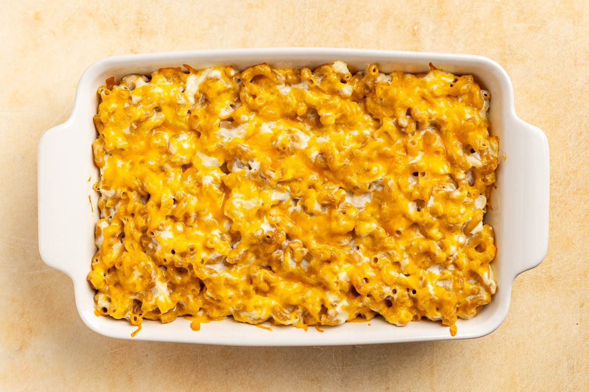 Taste of Home Crab Mac and Cheese recipe photo of the baked mac and cheese.