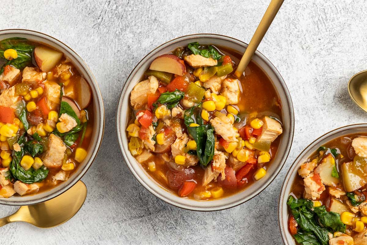 Taste of Home Crockpot Chicken Vegetable Soup recipe photo of the finished recipe served into bowls.