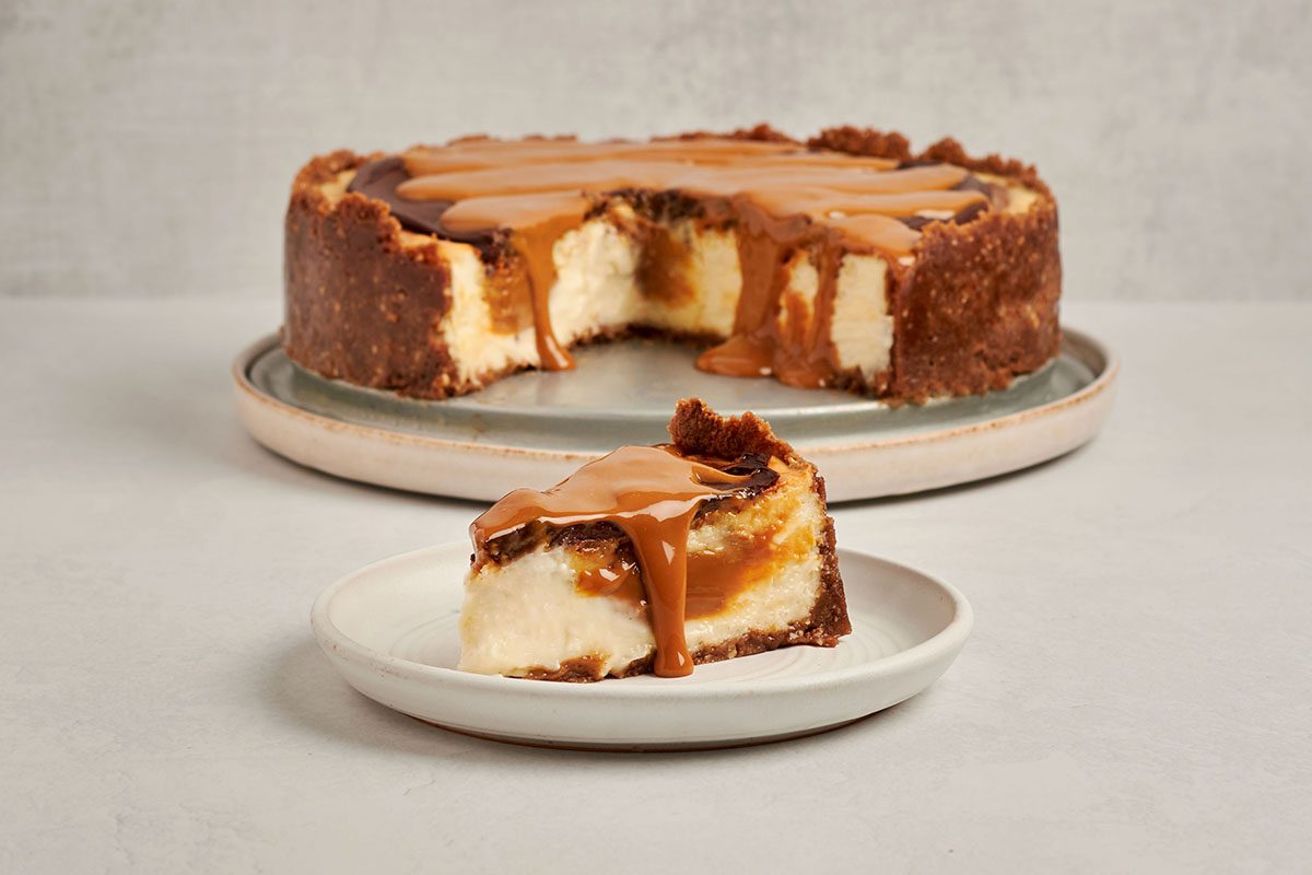 This decadent dulce de leche cheesecake by Taste of Home features rich cream cheese filling with swirls of dulce de leche.