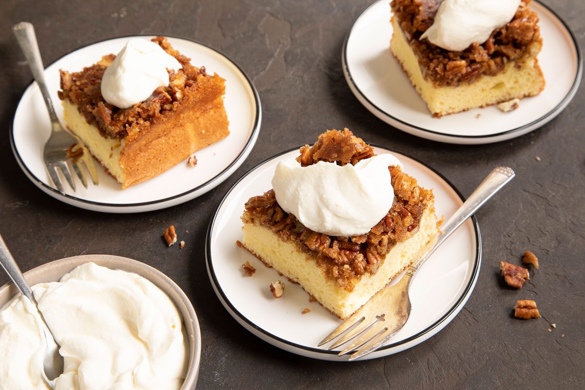 Pecan Upside Down Cake slices on three plates