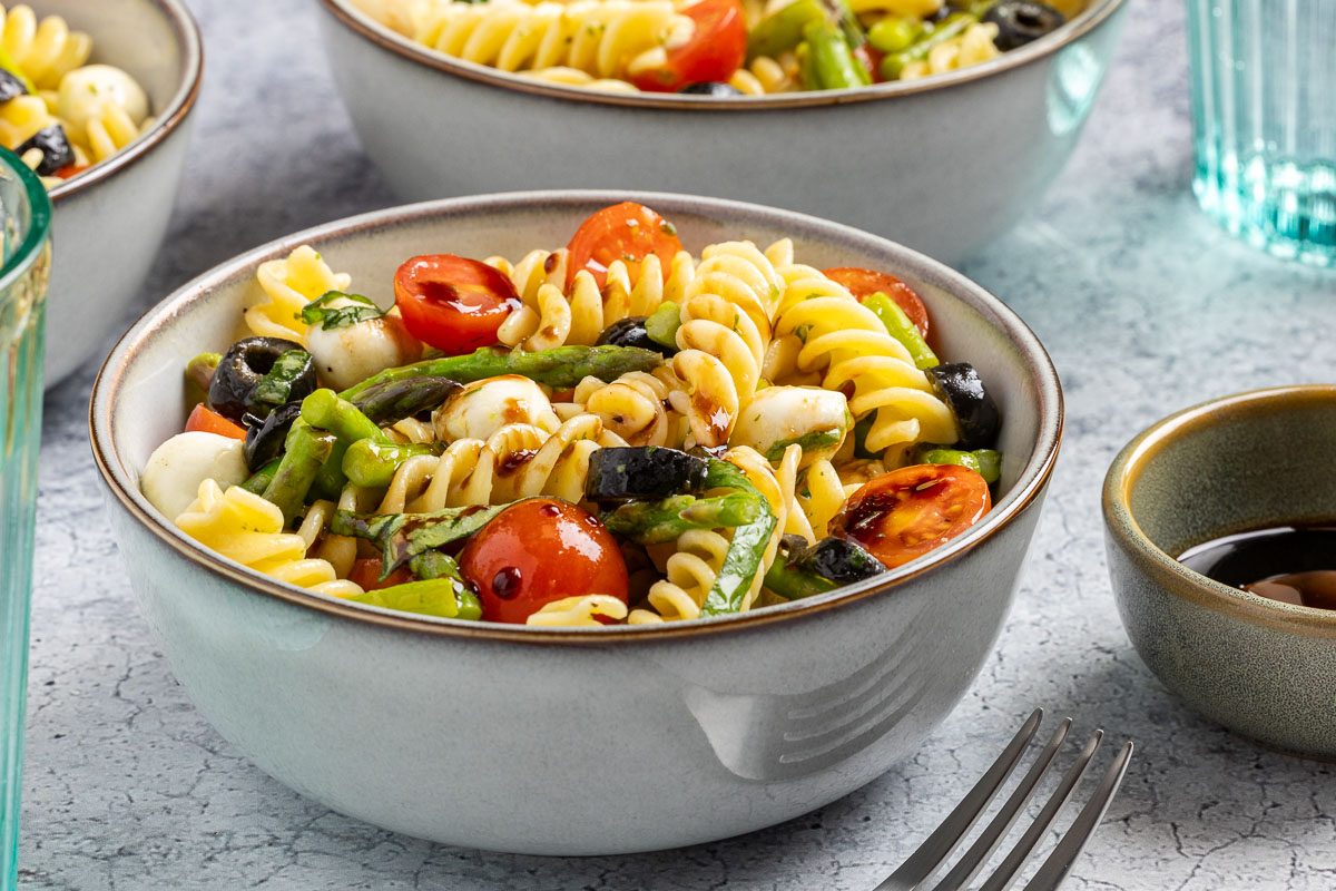 Taste of Home Gluten Free Pasta Salad recipe photo of the finished recipe served into bowls.