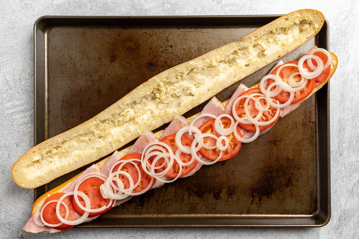 Taste of Home Ham Egg and Cheese Sandwich recipe photo of preparing the french bread.