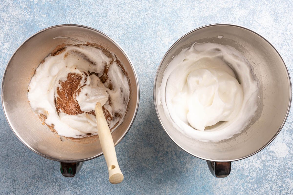 Taste of Home Ice Cream Cake Roll recipe photo of 2 mixing bowls with ingredients mixed and cocoa.