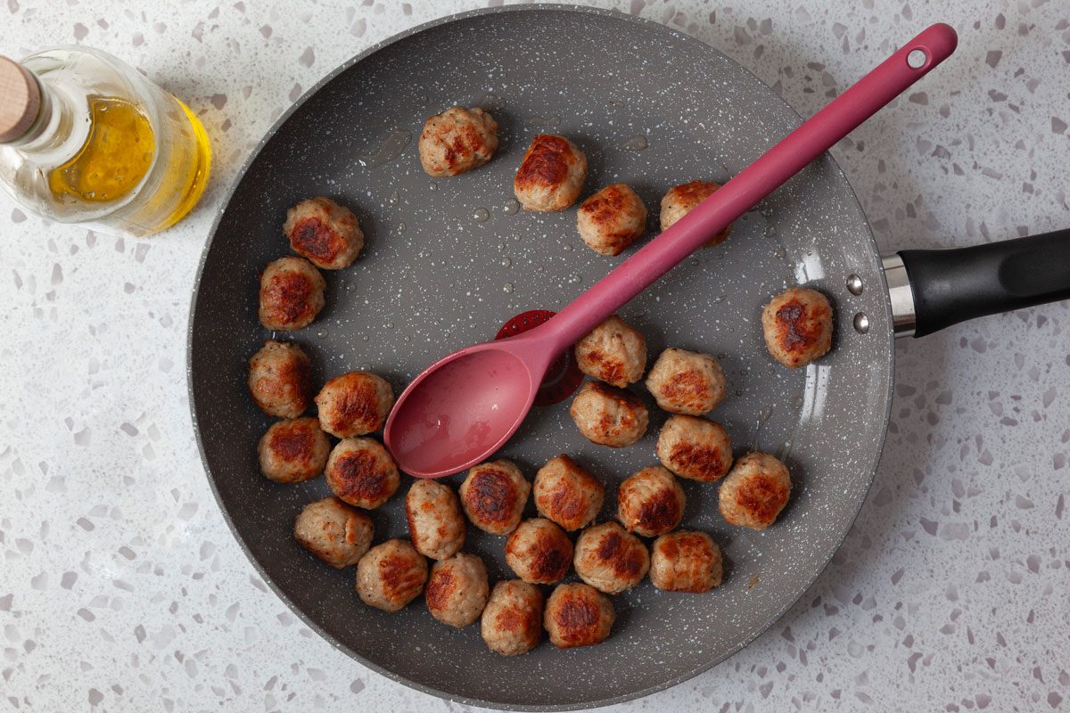 Step 2 of Taste of Home Meatball Stroganoff is to brown the meatballs in oil in a skillet until golden on all sides and then remove from pan