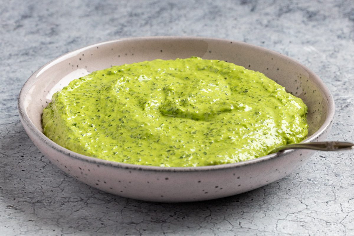 Taste of Home Nut-Free Pesto recipe photo of all the finished recipe in a serving bowl.