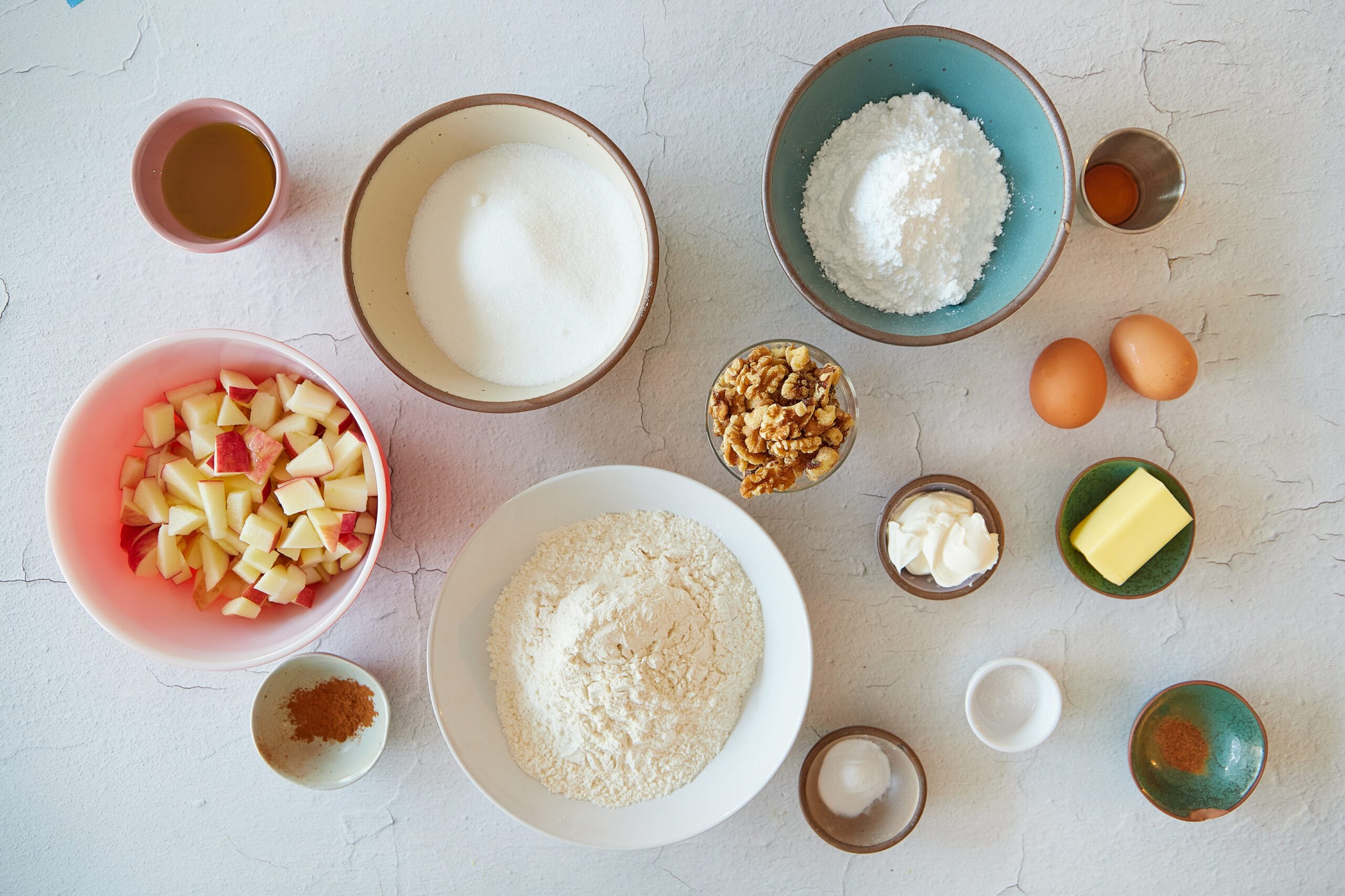 Ingredients for apple walnut cake.