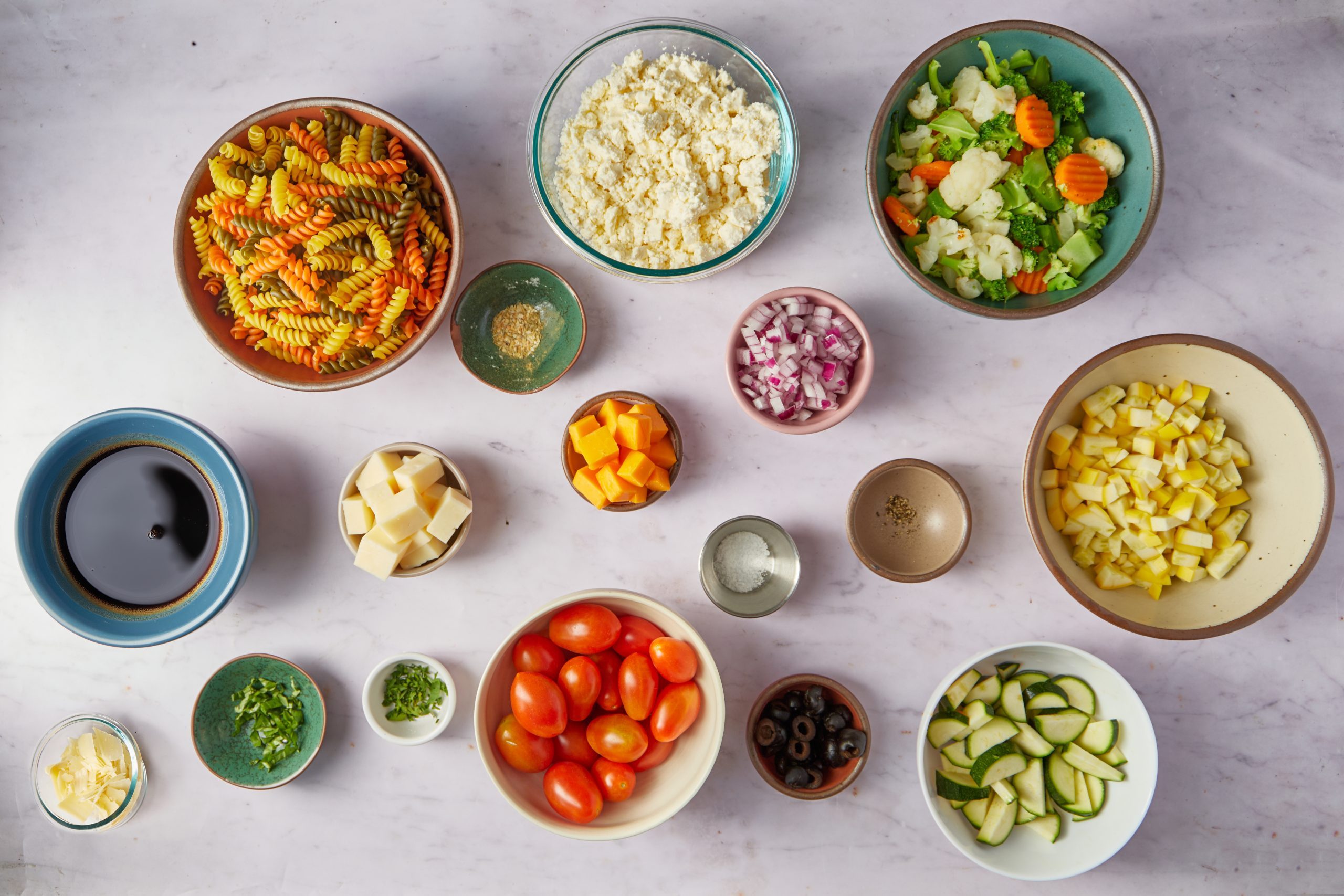 Ingredients for pasta salad with Italian dressing